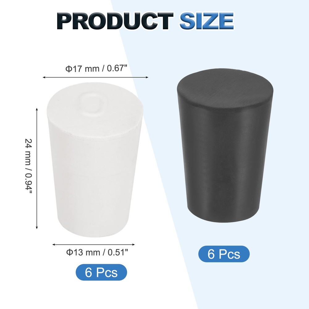 12 Pcs Solid Rubber Stopper Size 0#-17mm x 13mm - 24mm Long, Black/White