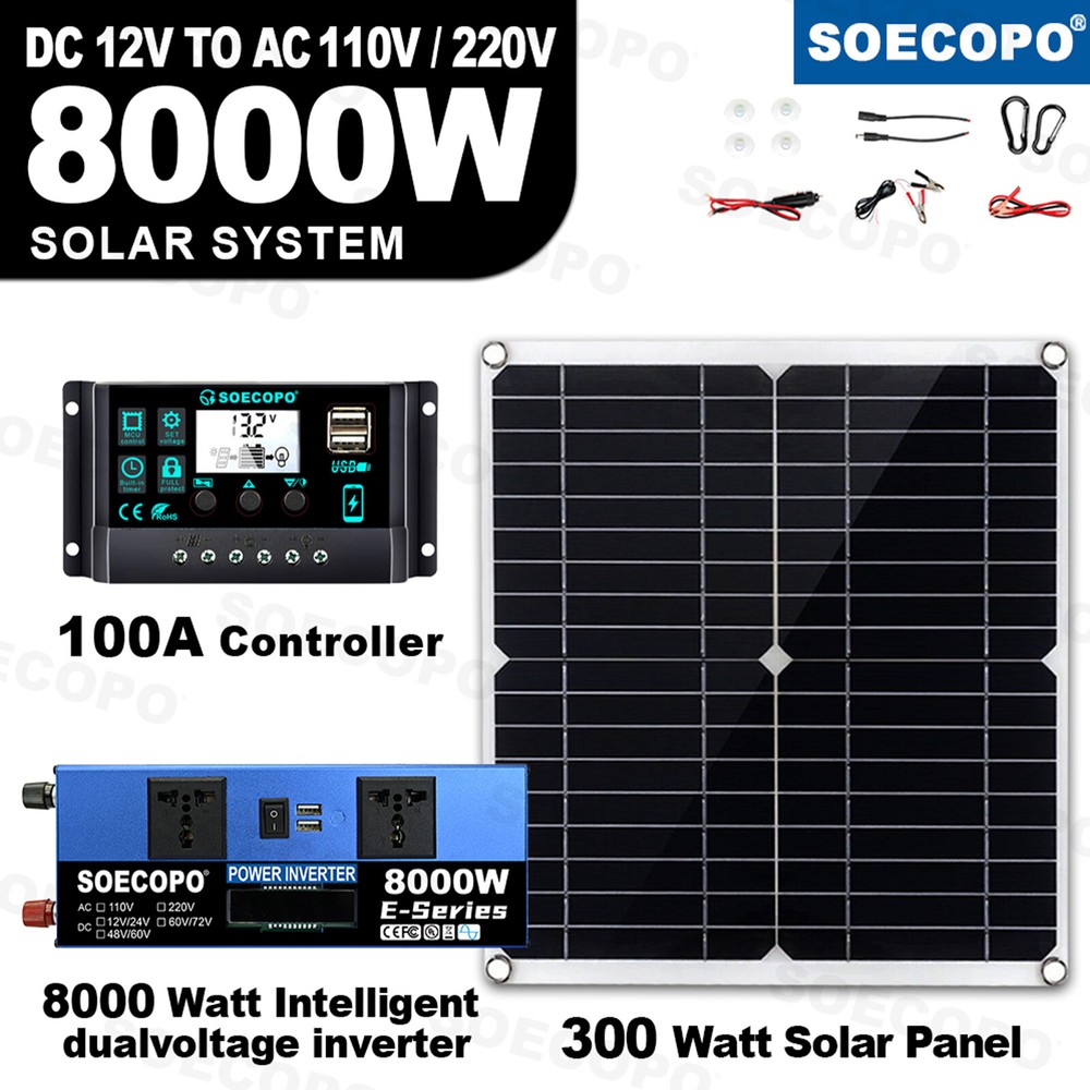 Solar Full Kit 8000w 110v Inverter 300W Solar Panel Home 100A Controller System