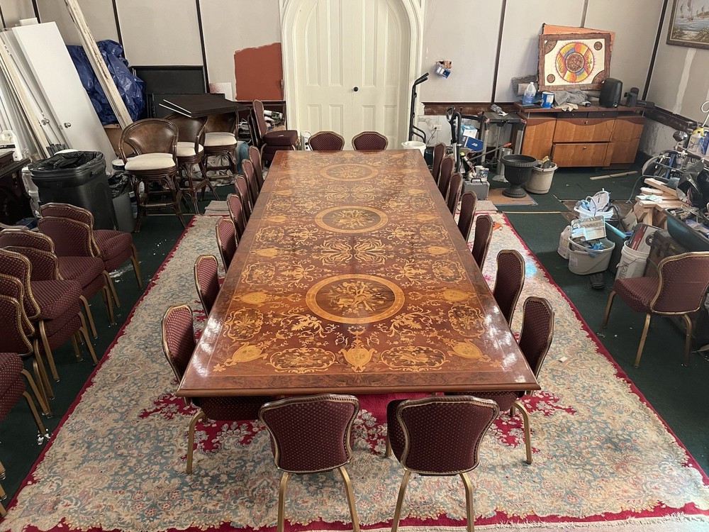 Antique Ornate Rectangular Wood Dining Table Brown Gold Carvings Seats 16