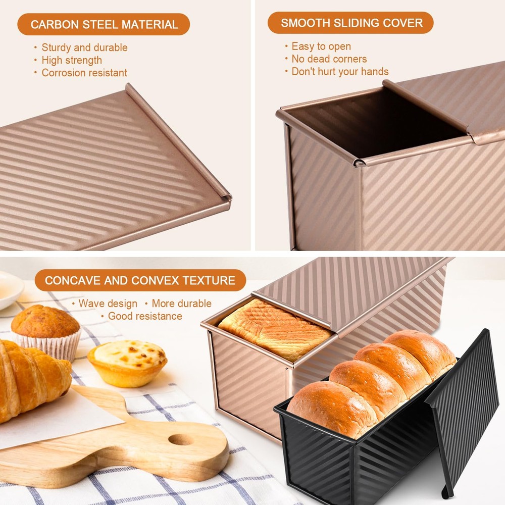 2Pack Pullman Loaf Pans with Lids – 2.2 LB & 1 LB Dough Capacity, Non-Stick C...