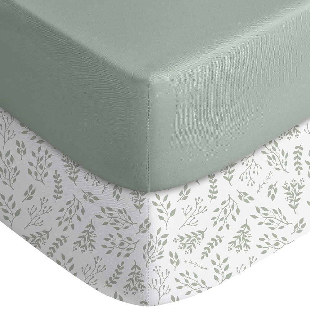 Yoofoss Baby Crib Sheets 2 Pack Fitted 28x52x8 Soft Microfiber Green Leaf Design