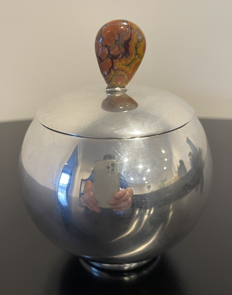 Mid-Century Modern MCM American Sterling Silver Covered Bowl with Agate Handle