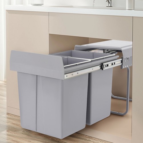 Double 40L Pull Out Trash Can Waste Bin Container Under Kitchen Cabinet Grey