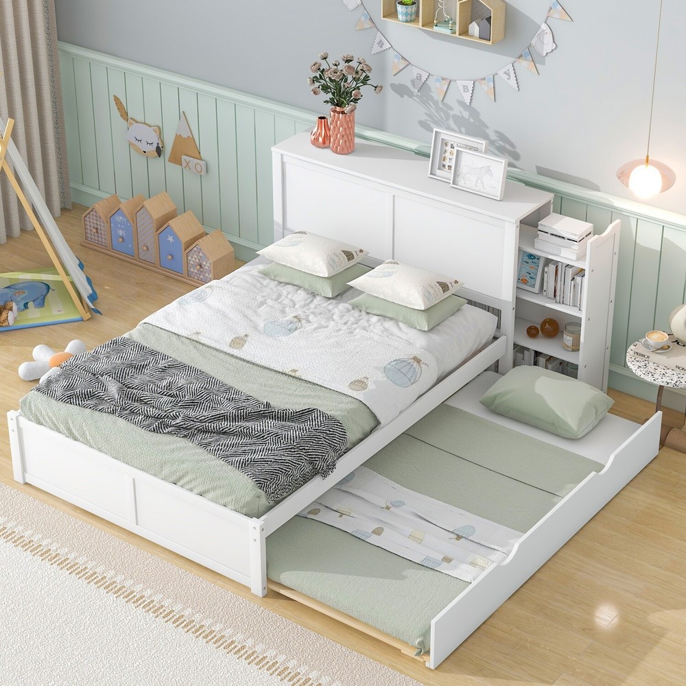 Full/Queen Size Bed Frame Wood Platform Bed w/ Trundle & Pull Out Shelves White
