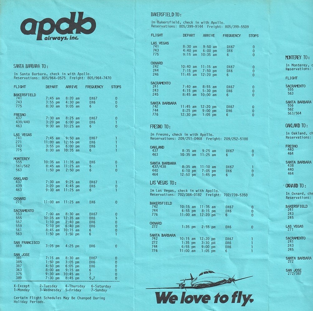 Apollo Airways timetable 1981/07/15 blue