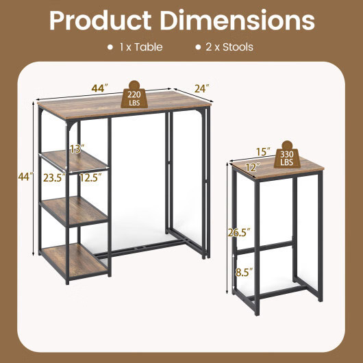 3-Piece Bar Table Set for 2 Bar-Height Dining Table with 2 Stools-Rustic Brown -