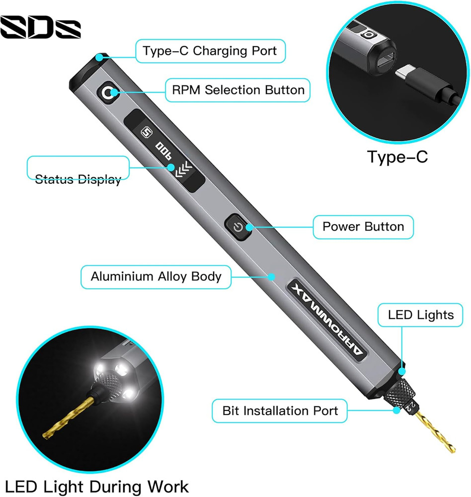 AM Electric Mini Drill Pen & PCB Micro Drill Bit Set (10 Pcs)