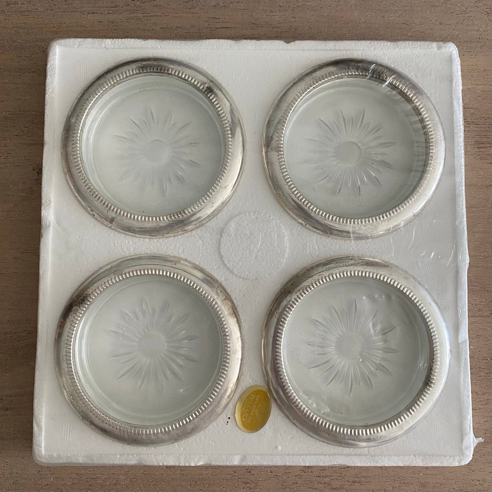 Vintage Leonard Silver Plated Crystal Coaster Ashtray Set
