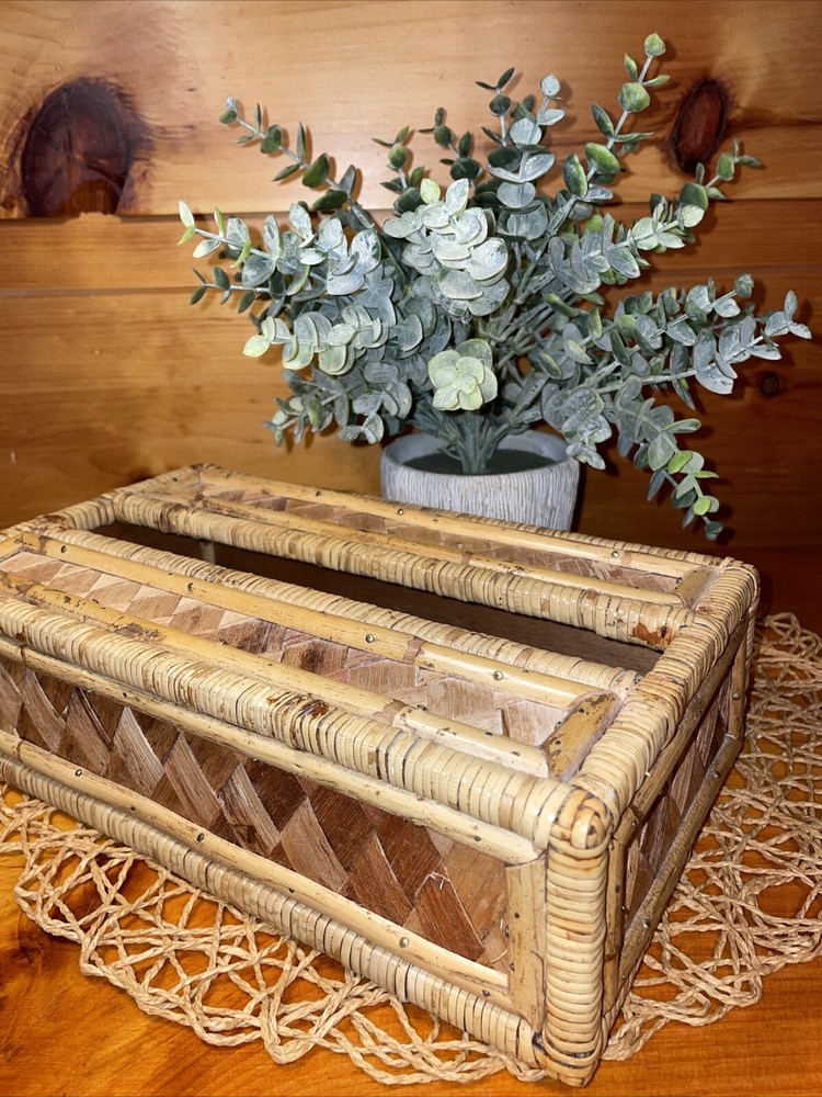 Vintage Tissue Box Cover Holder Bamboo Rattan Wicker Coastal Boho Rectangular
