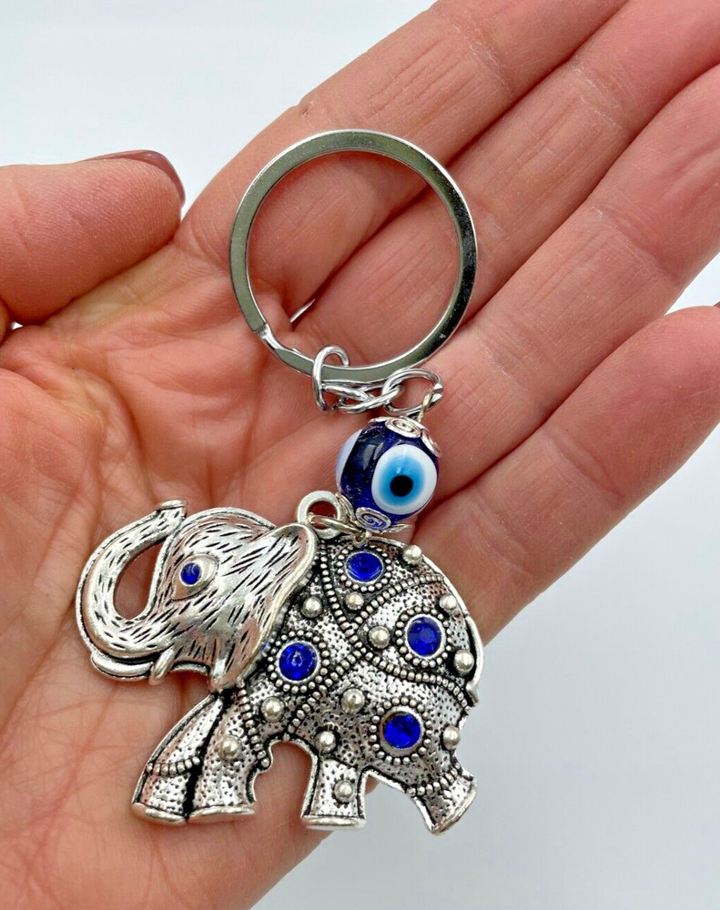 Elephant Keychain Silver Alloy with Blue Eyes and Charms Good Luck New
