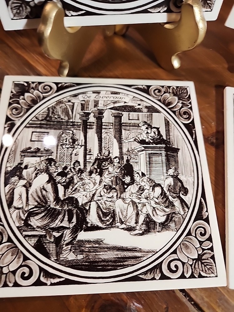 4 Ceramic Brown Transferware Tiles Japan