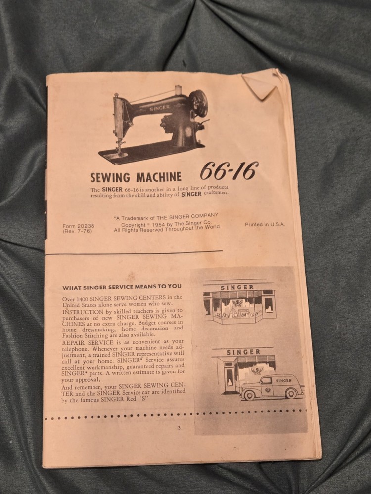 Vintage Instructions for using Singer Sewing Machine 66-16 Has Stain On Front!