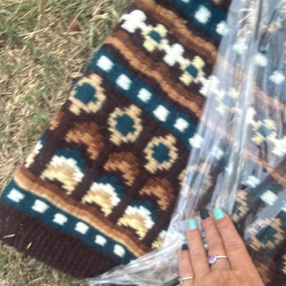 Western Saddle Blanket Wool Geometric Pattern brown Blue White teal show blanket