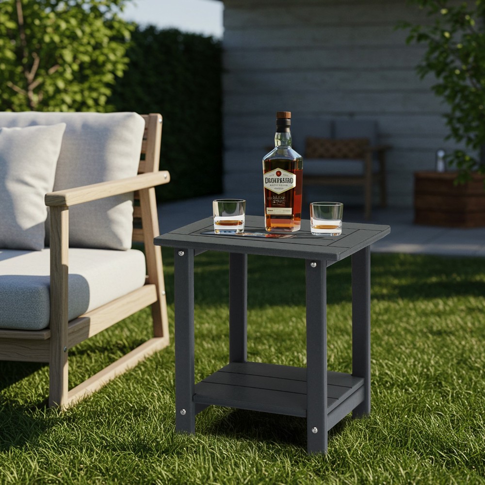 2-Tier Storage In/Outdoor Rectangle Side Table HDPE End Table, Weather Resistant