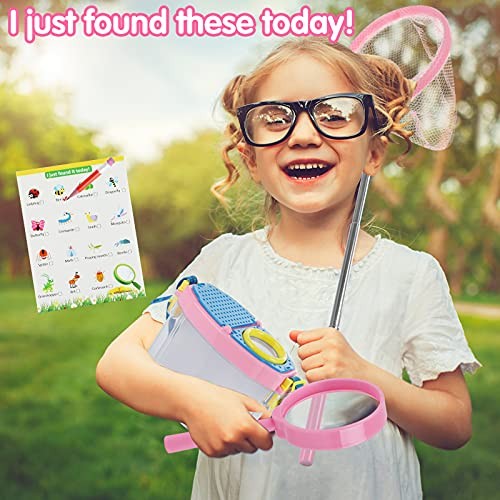 Bug Catcher Kit for Kids, Bug Catching Kit with Binoculars, Magnifying Pink