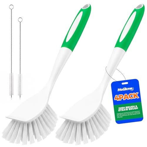 4 Pack Dish Brush with Handle Set - 2 Pack Kitchen Dish Brush with 4Pack Green