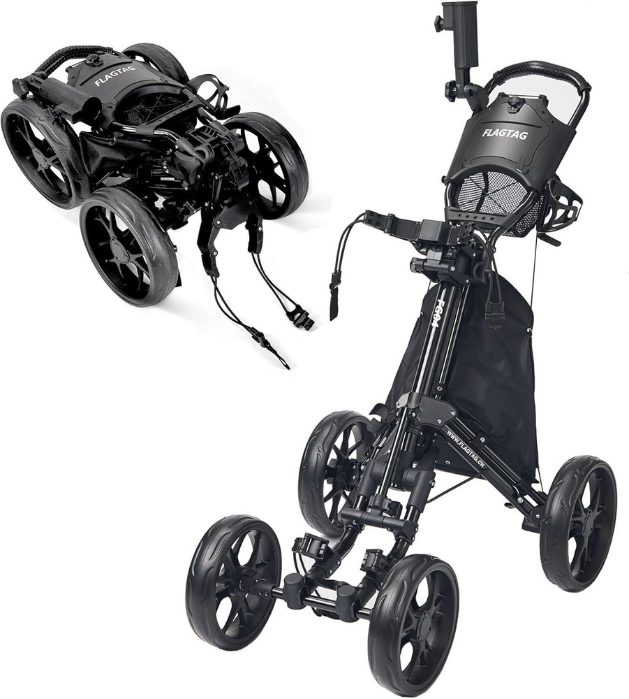 Premium Golf Folding Push Cart 4 Wheel - Cooler Cup Holder Adjustable Handle