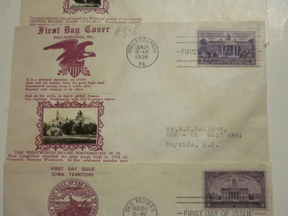 3 DIFF. US COVER 1938 FIRST DAY COVERS SCOTT 838 837 835 CROSBY CACHETS