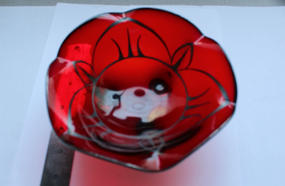 VTG RUBY RED 3 LEG CANDY GLASS  DISH STERLING SILVER INLAY DESIGNE