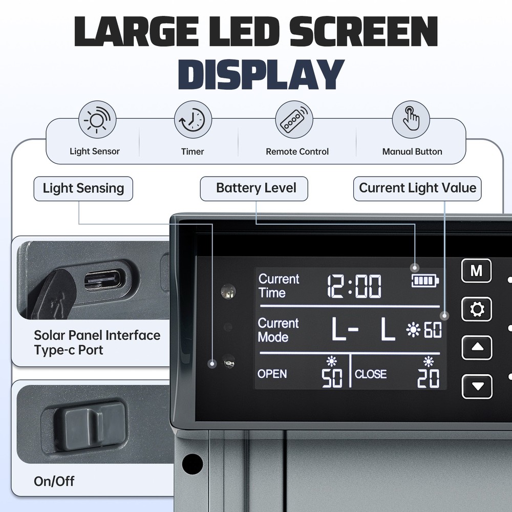 Solar Automatic Chicken Coop Door Opener w/Timer Light Sensor Remote Control