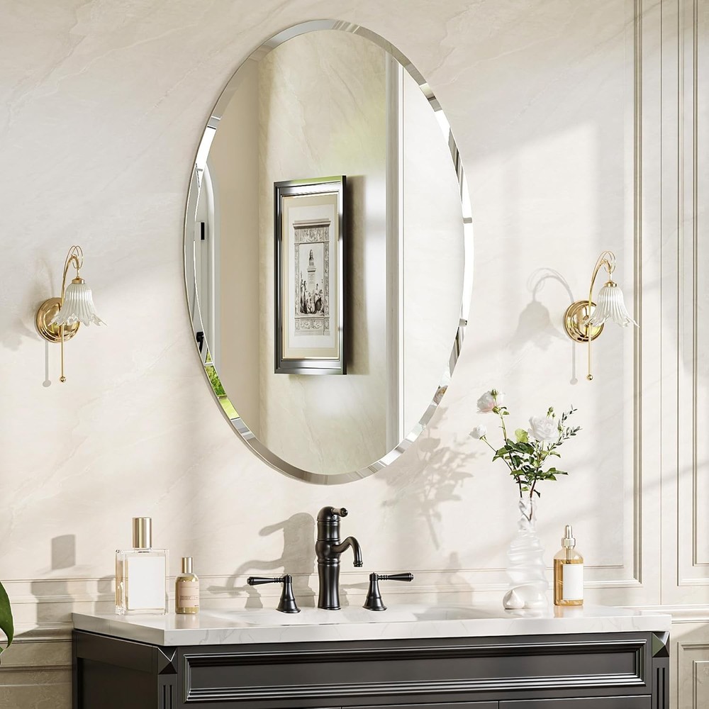Frameless Oval Mirror 28x20" – Back Panel Support Ideal for Bathroom Over Vanity