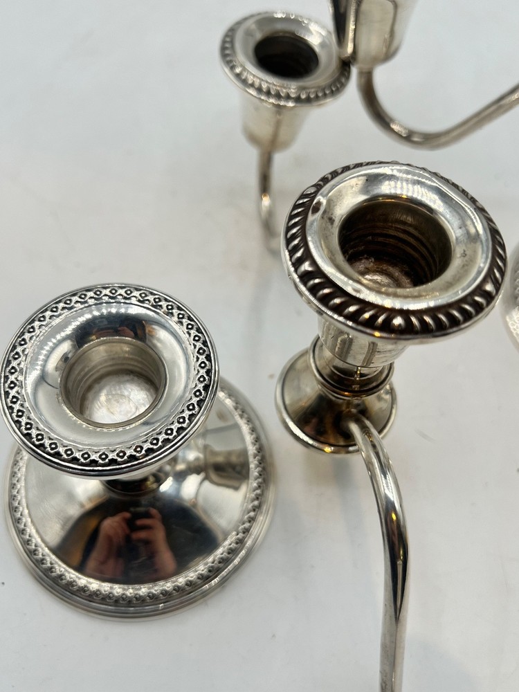 Pair Rogers sterling silver three-light candleabra with decorative beaded rim