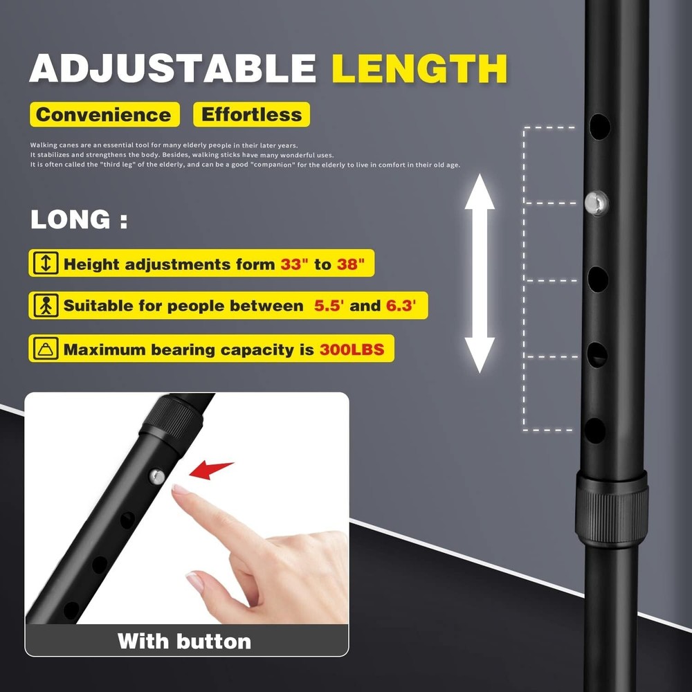 Folding Walking Cane with LED Light & Pivoting Quad Base - Adjustable & Portable