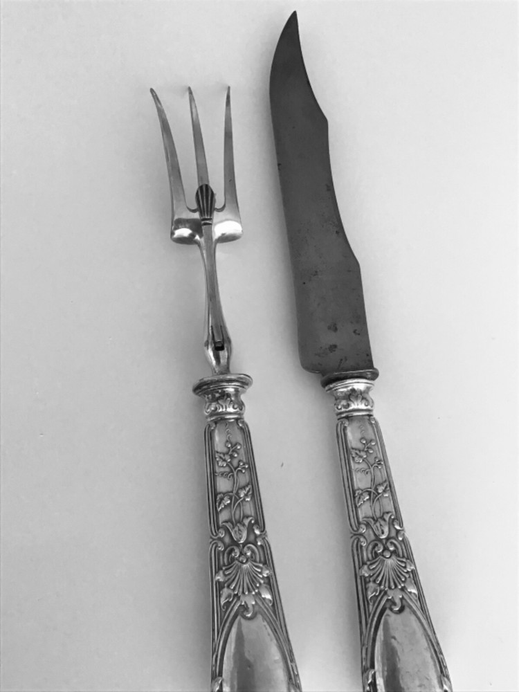 Antique Belgian Delheid 800 Silver Craving set knife & fork Iris
