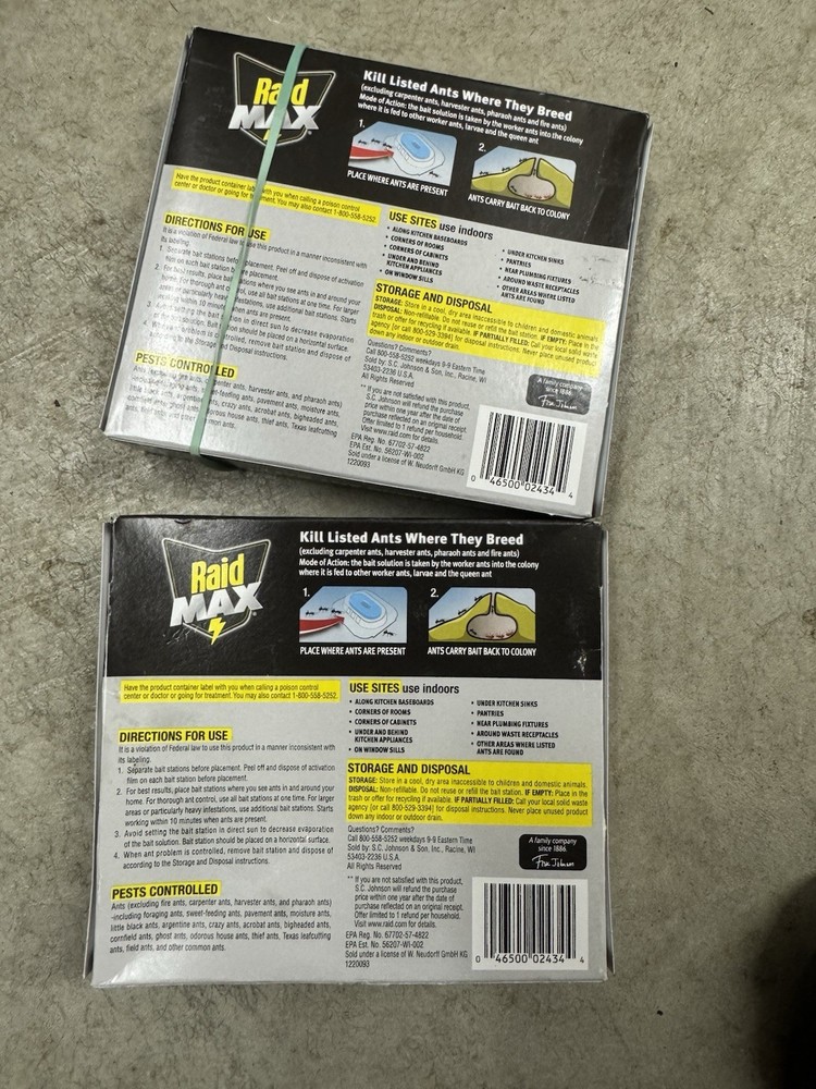 (2) RAID MAX Liquid Ant Bait Kills Queen & Colony 4 Bait Stations Per Box