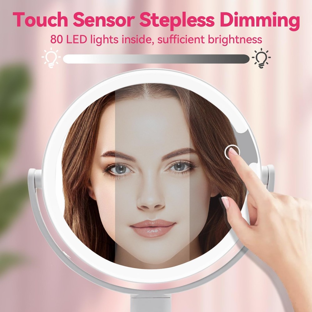 10X Magnifying Makeup Mirror, 80 LED, 3 Color Modes, Stepless Dimming, Base