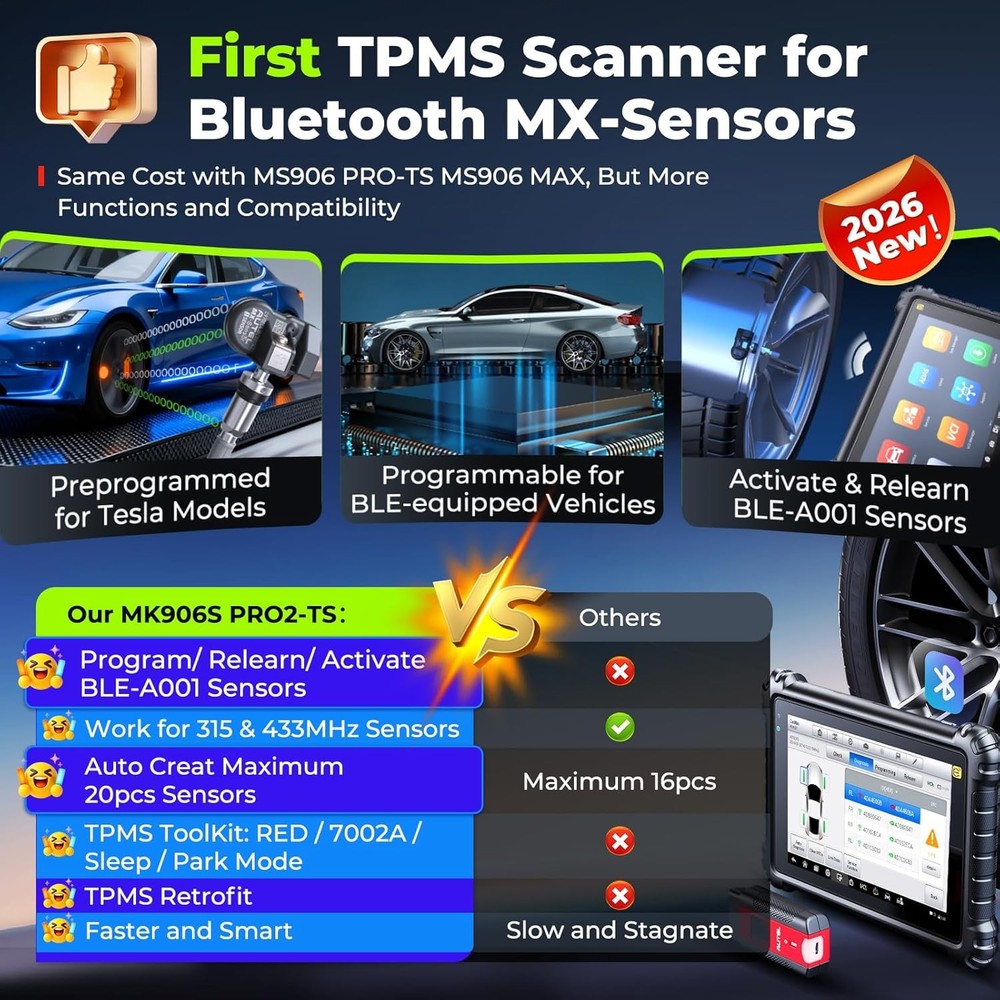 2026 Autel MK906S PRO2-TS Tire Pressure Diagnotics TPMS Programming BLE Sensor