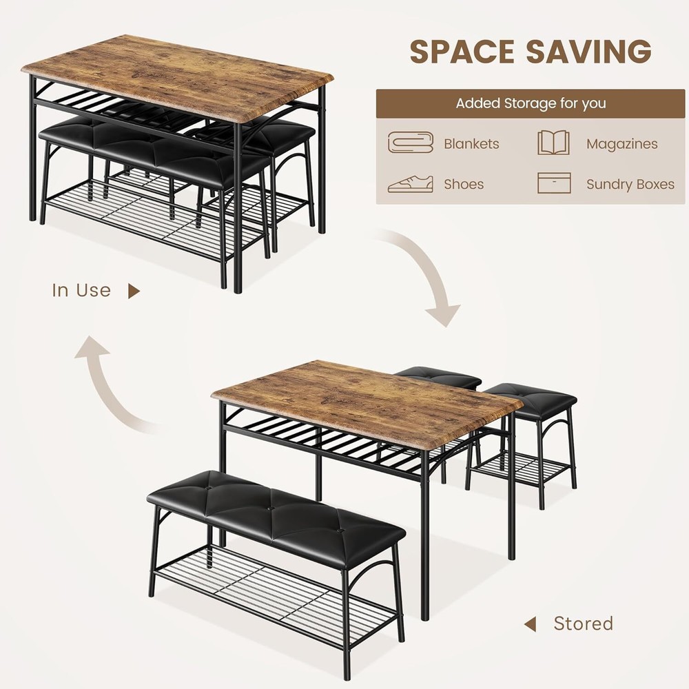 Dining Table Set for 4 with Upholstered Benches and Stools Kitchen Table Storage