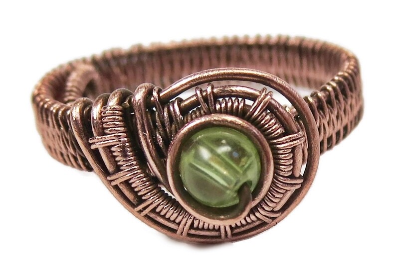 Peridot Adjustable Ring, Woven in Copper Wire