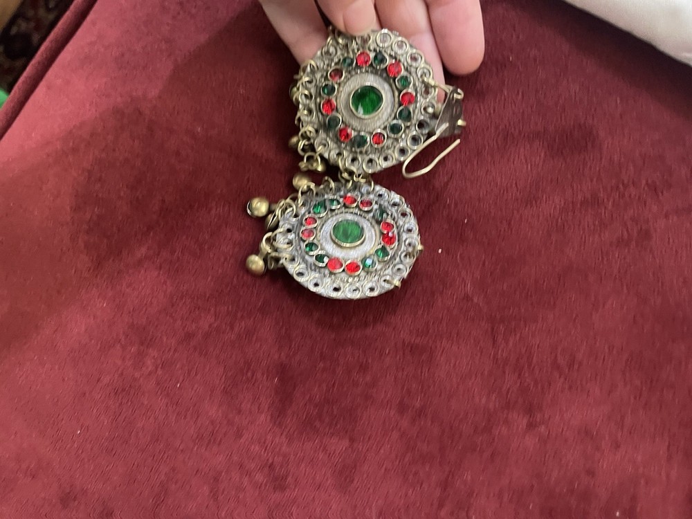 Ethnic Earrings with Bells Red Green/multi Round