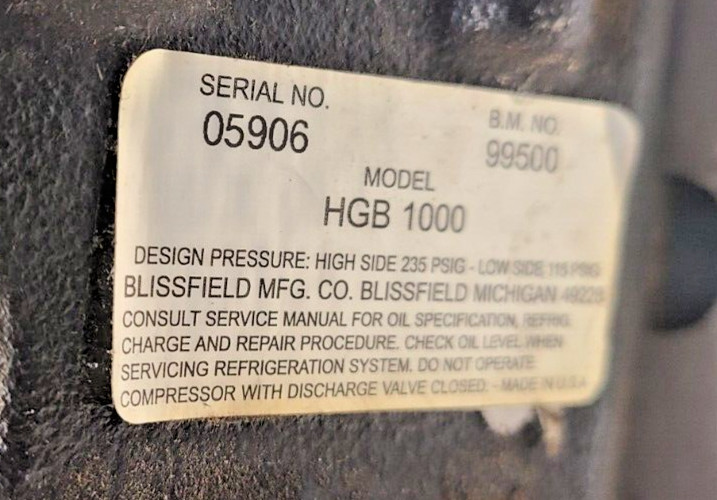 Blissfield Compressor Serial 05906 | 99500 | Model HGB 1000