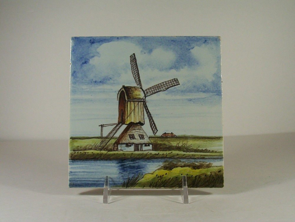 Oud Delft Pottery Tile Hand Painted Polychrome Windmill Scene