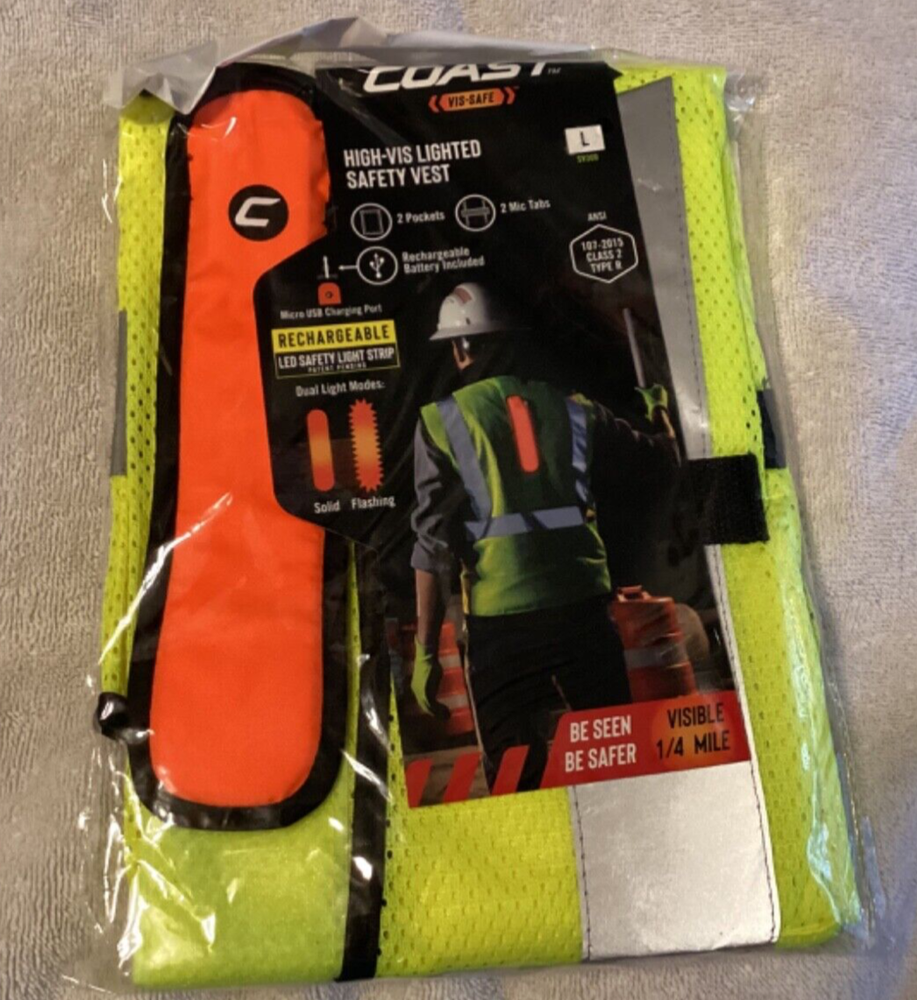 Coast Vis-Safe Lighted Safety Vest Yellow LED Light Strip Size Large 2 Pockets