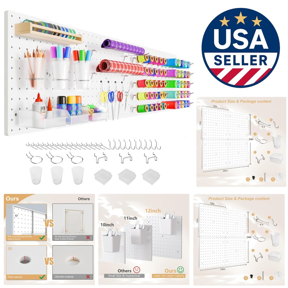 Heavy Duty Pegboard Organizer Kit - 4 White Panels, 32 Hooks, 200 lbs Capacity