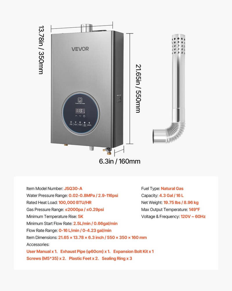 VEVOR Gas Tankless Water Heater 4.3Gal 100000 BTU Smart Temp Control LED