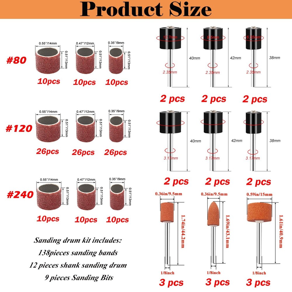 Sunxeke Sanding Drum Set for Dremel Rotary Drum+Sanding Bits