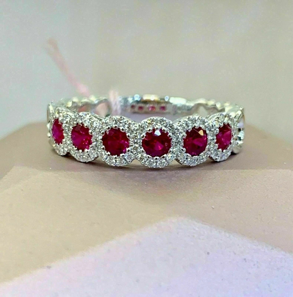 14K White Gold Plated 2.60Ct Lab Created Round Cut Red Ruby Diamond Band Ring