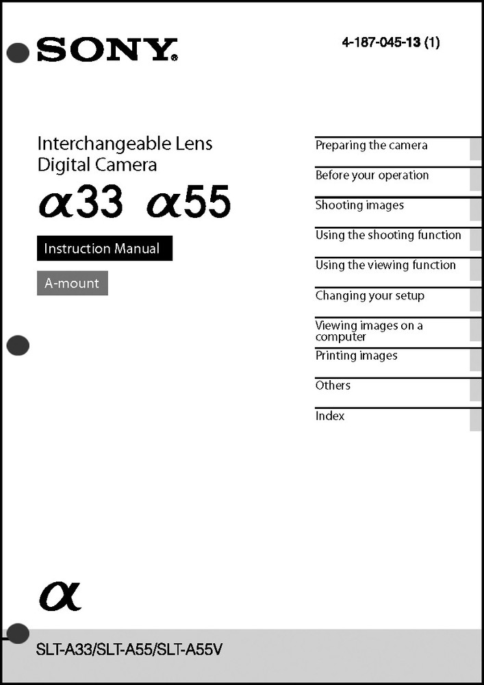 Sony SLT Alpha A33  A 55 Digital Camera User Guide Instruction  Manual