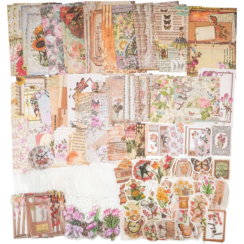 200 Piece Vintage Ephemera Bundle - & Sticker Kit for Junk Journaling, Scrapb...