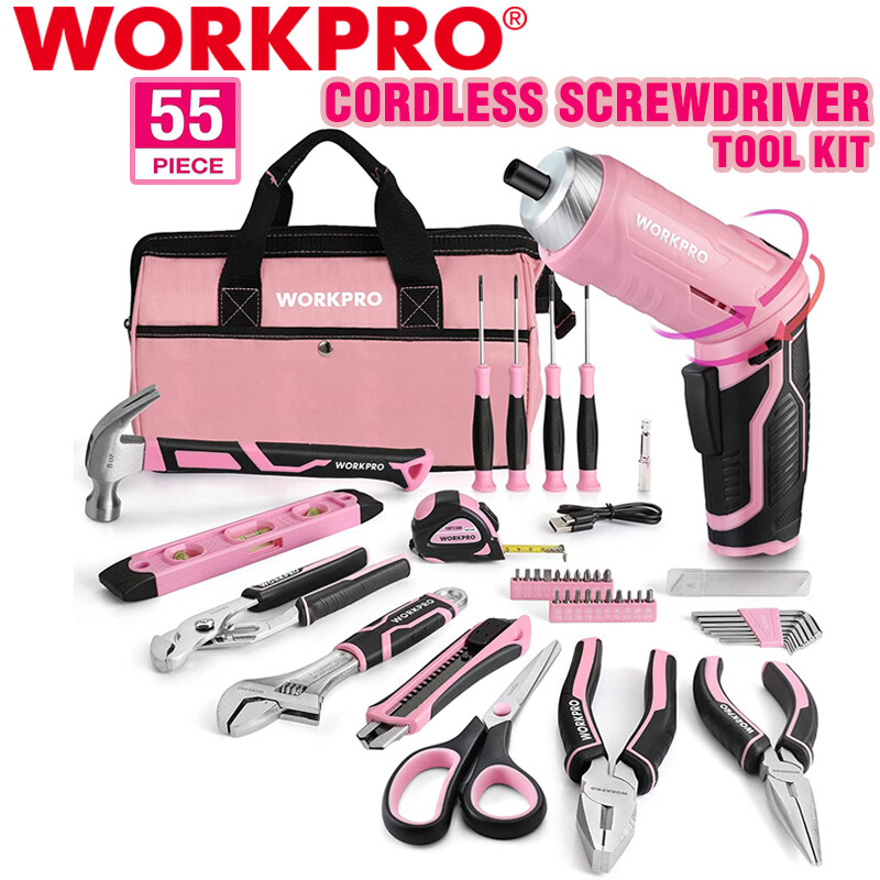 WORKPRO 55-Piece Tool Set Household Tool Kit 3.7V Rotatable Cordless Screwdriver