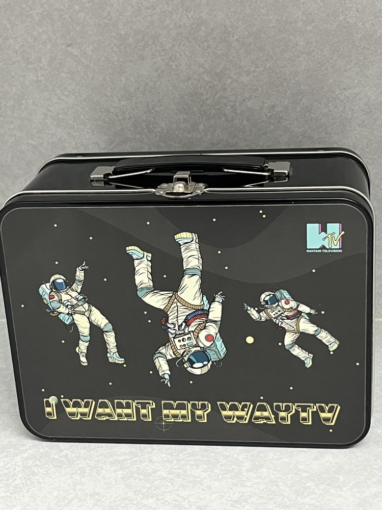 Astronauts in Space Black Metal Lunchbox Tin