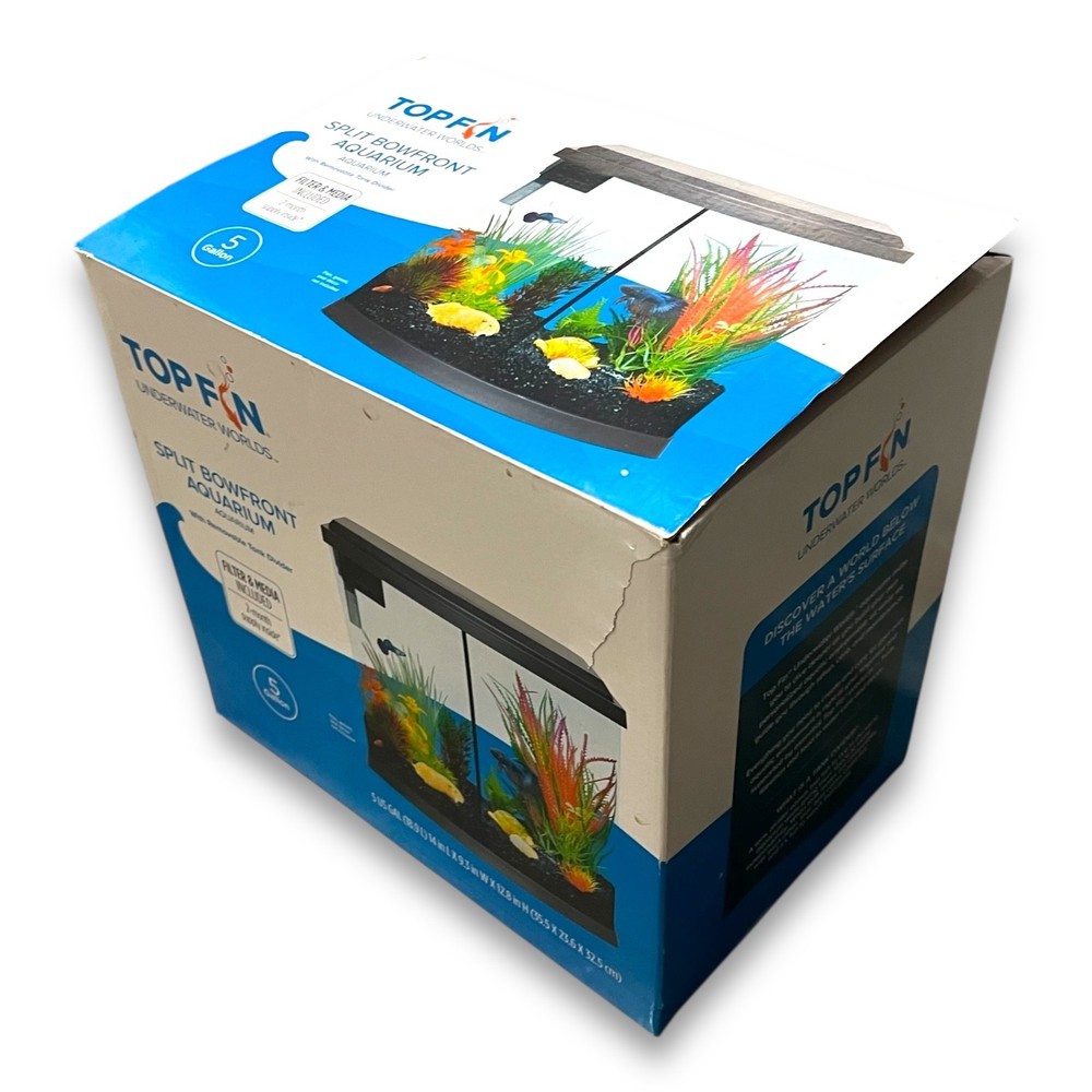 Top Fin 5 Gallon Split Bowfront Aquarium w/ Removable Tank Divider, Filter Media