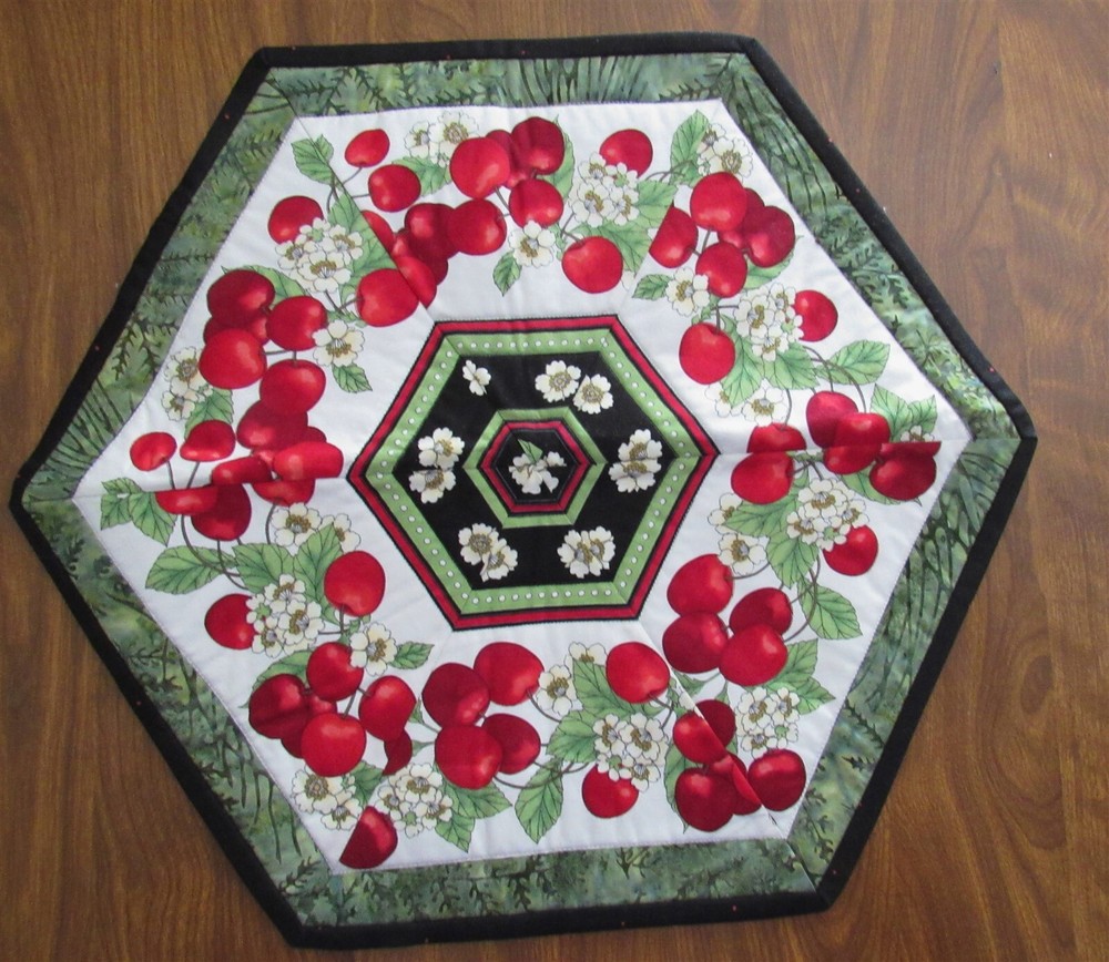 Handmade Quilted Table Topper, Cherries & Blossoms 16" x 18"