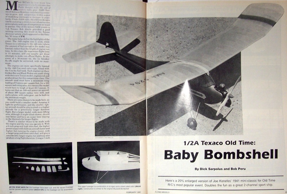 BABY BOMBSHELL PLAN + CONSTRUCTION ARTICLE to Build 42" 1/2A RC Model Airplane