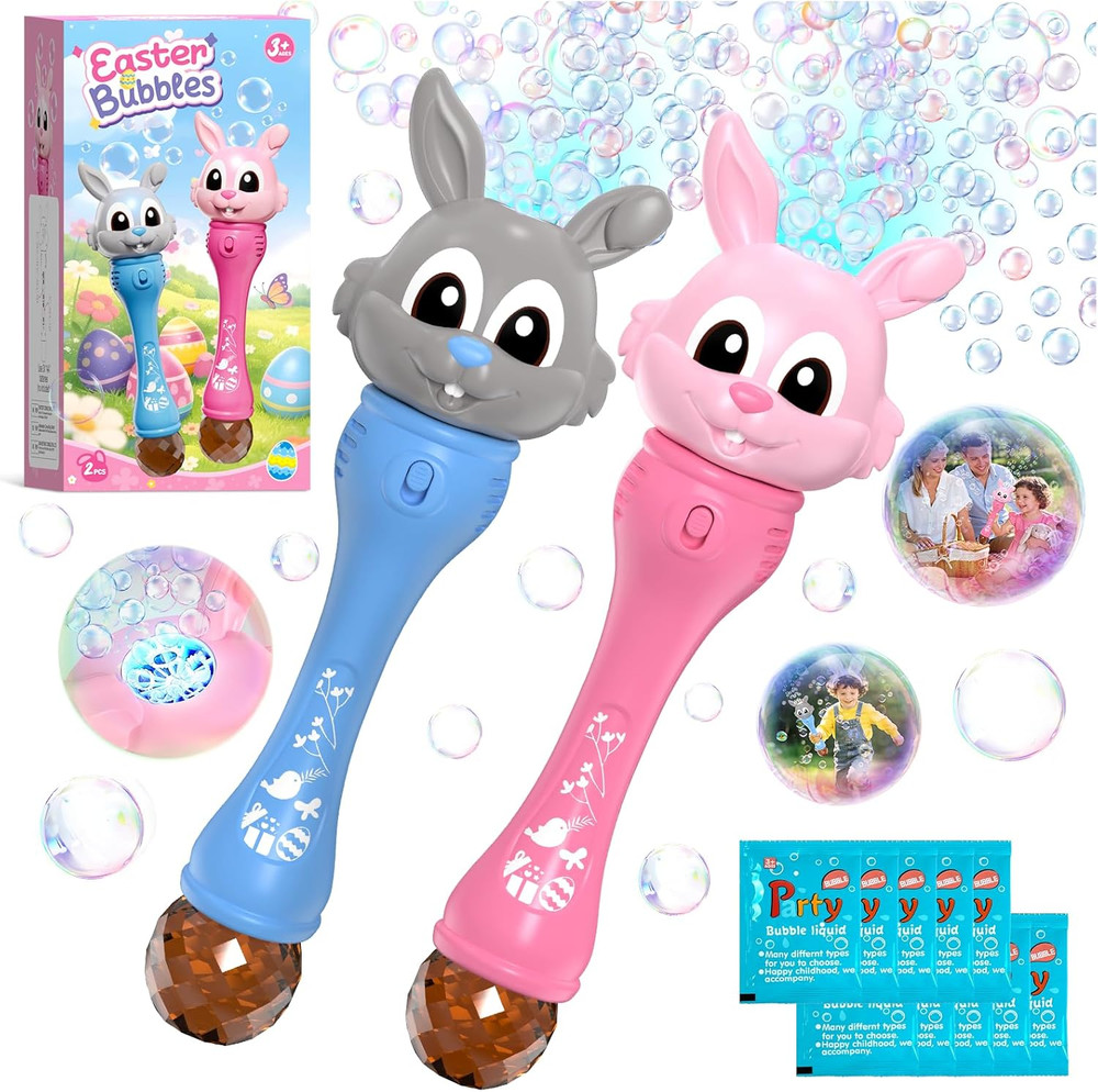 Easter Bubble Wand for Kids 2-Pack, Bunny Bubble Machine with LED Light, Bubble