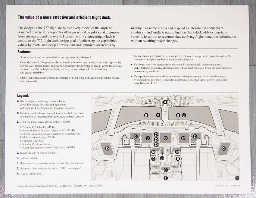 1996 Original Boeing 777 Flight Deck Cockpit Instruction Leaflet Flyer 8.5x11"